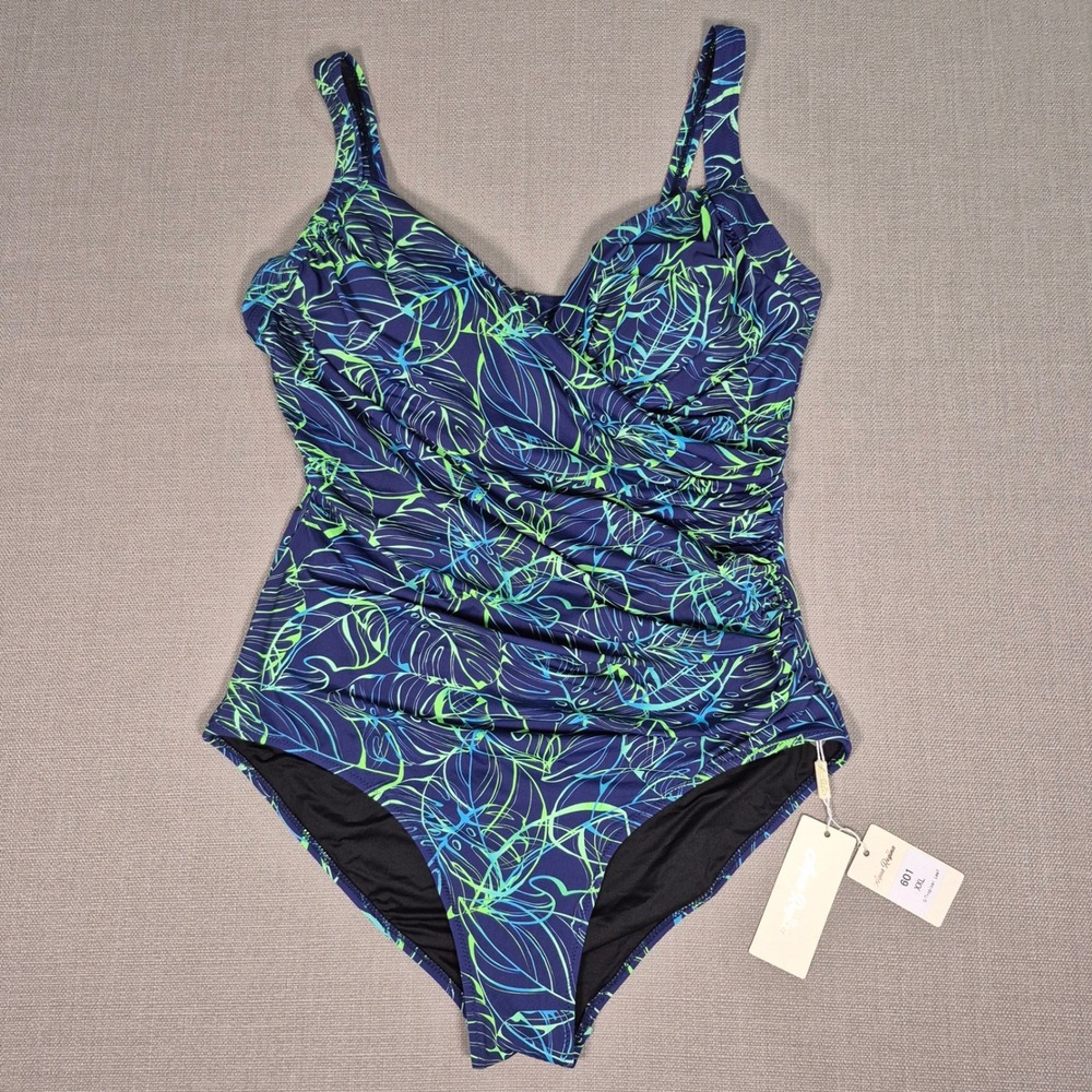 Aqua Regina Womens Tropical Leaf Ruched One Piece Swimsuit Blue Green XXL NEW